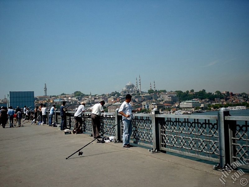 Yeni Galata Kprsnde balk tutanlar ve ufukta Beyazt Kulesi ve Sleymaniye Camisi.
